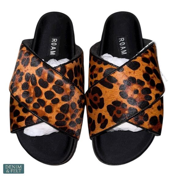 ROAM Cross Leopard Print Slides Women’s Size 5.5 Cozy Faux Fur Sandals NEW - Picture 2 of 10